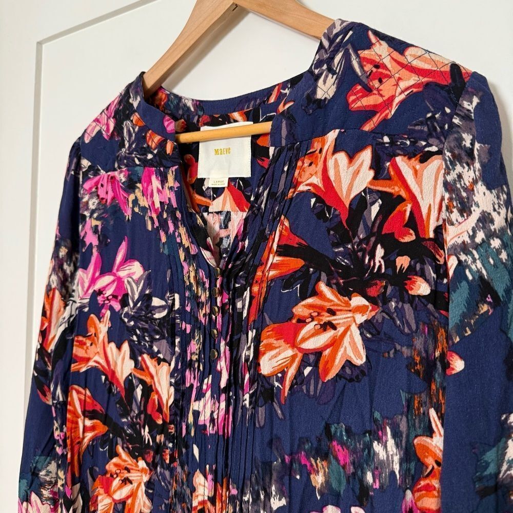 Maeve Tunic Dress Womens Sz L Purple Long Sleeve Pockets Buttons Floral Romantic - Picture 3 of 13
